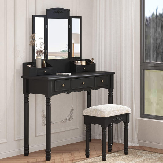 "Ultimate Glamour Station: Tri-Folding Mirrors, Cushioned Chair, and 5 Spacious Drawers - Perfect Makeup Vanity Table Set for Women/Girls in Sleek Dark Black"