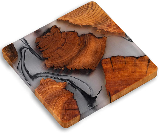 "Stylish Cedar Wood Coasters Set with Epoxy Detailing and Holder - Perfect for Modern Homes (Set of 6)"