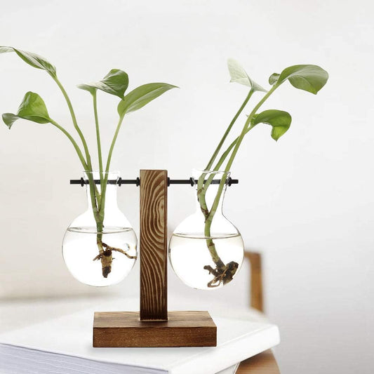 "Stunning Glass Bulb Vase with Wooden Stand - Elegant Hydroponic Plant Holder for Office, Wedding Decor, and More!"