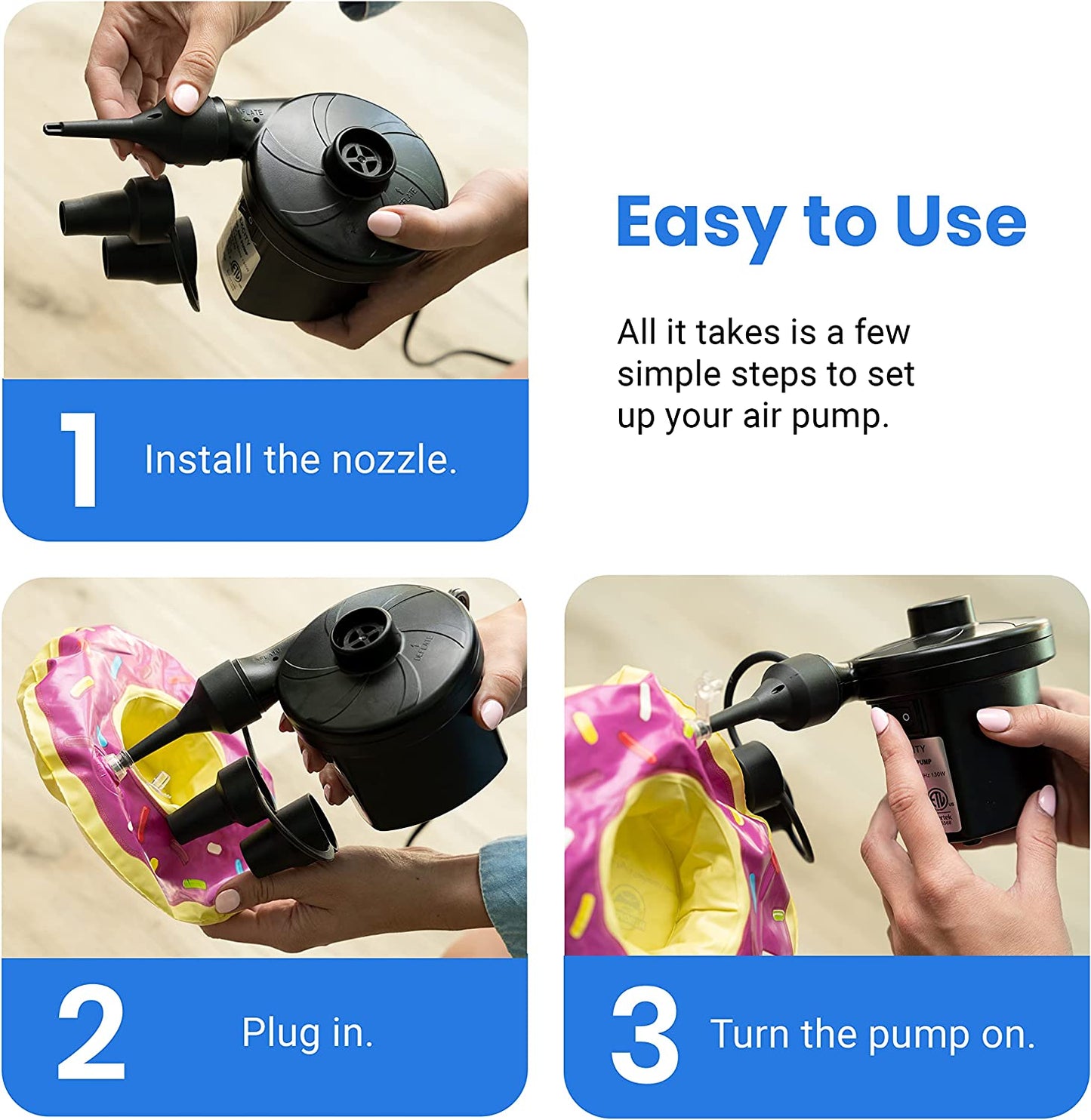 "Easy-Inflate Electric Air Pump: Effortlessly Inflate Your Air Mattress, Pool Floats, and More! Portable, Quick-Fill AC Inflator with 3 Nozzles - Perfect for Camping and Summer Fun - 110-120 Volt, Sleek Black Design"