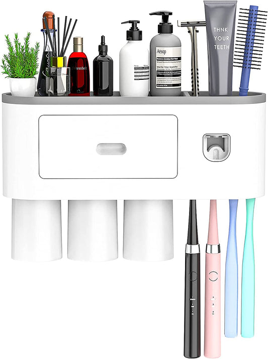 "Convenient Toothbrush Holder with Automatic Toothpaste Dispenser and Magnetic Cup - Perfect Bathroom Organizer for Kids - Grey"