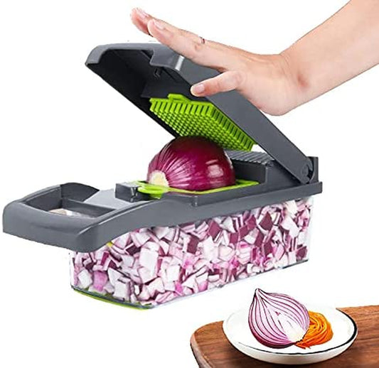 "Ultimate 5-In-1 Kitchen Tool: Vegetable Chopper, Dicer, Slicer, and Egg Separator with Bonus Container - Effortlessly Cut and Prepare Your Veggies in Style (Grey)"