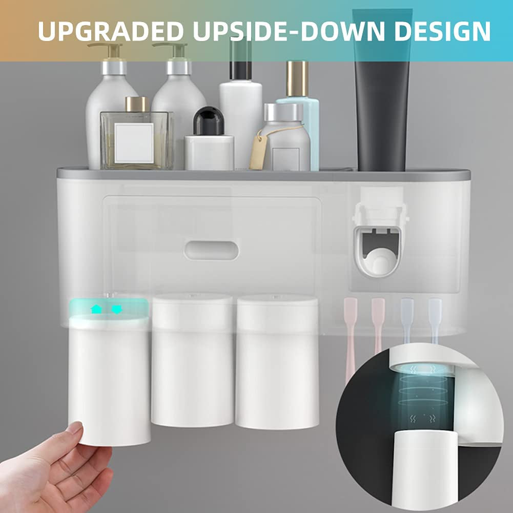 "Convenient Toothbrush Holder with Automatic Toothpaste Dispenser and Magnetic Cup - Perfect Bathroom Organizer for Kids - Grey"